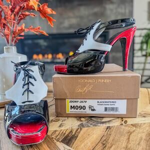 Donald J. Pliner Patent Leather Lace Up Tuxedo Open Toe Heels Made in Italy, 9.5